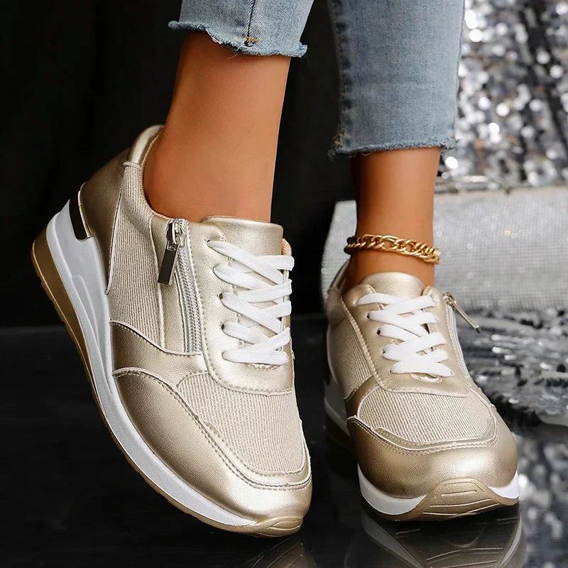 Marguerite Solvaine | Silver Metallic Platform Sneakers with Side Zipper