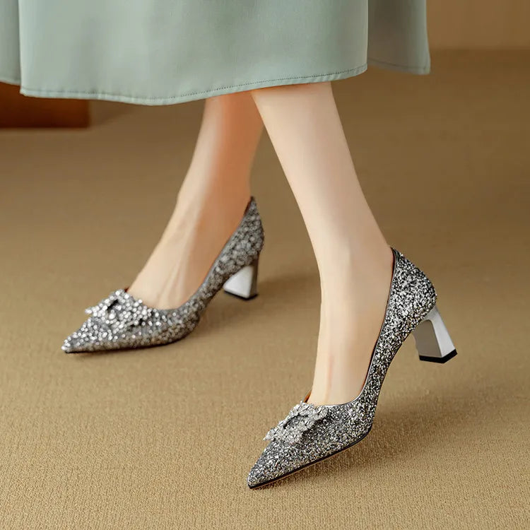 Estelle Ravenswood | Gold Glitter Block Heel Pumps with Crystal Buckle