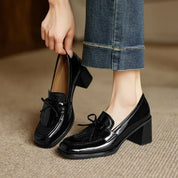 Rosalba Fontaine | Black Patent Tassel Loafer Block Heel Pump