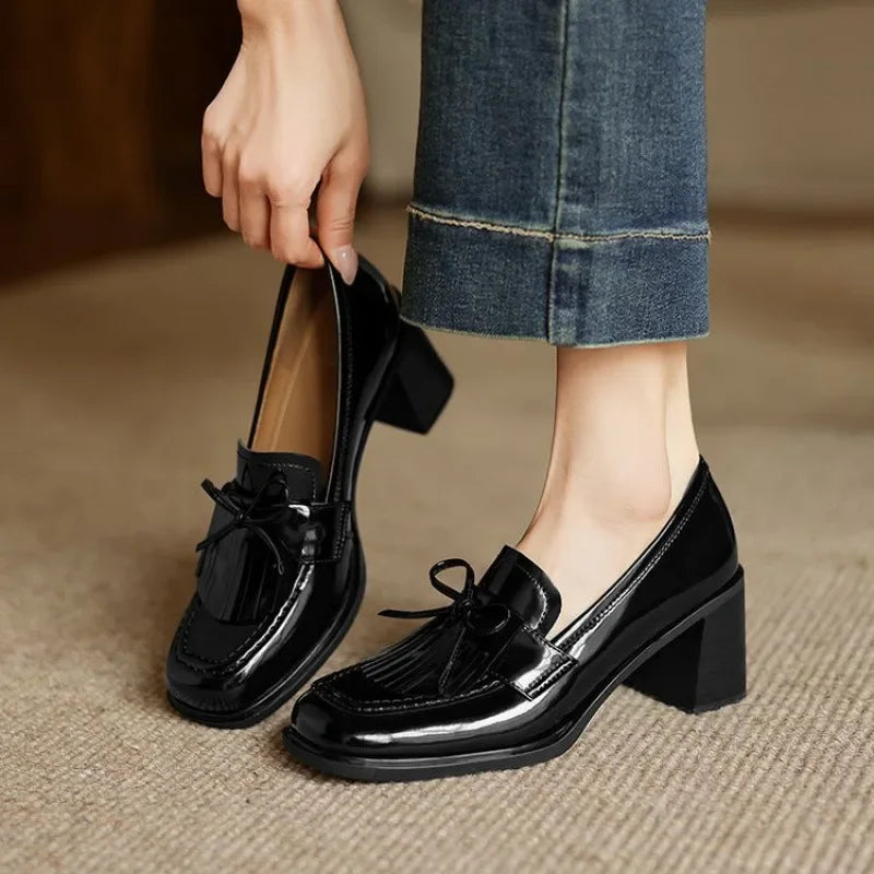 Rosalba Fontaine | Black Patent Tassel Loafer Block Heel Pump