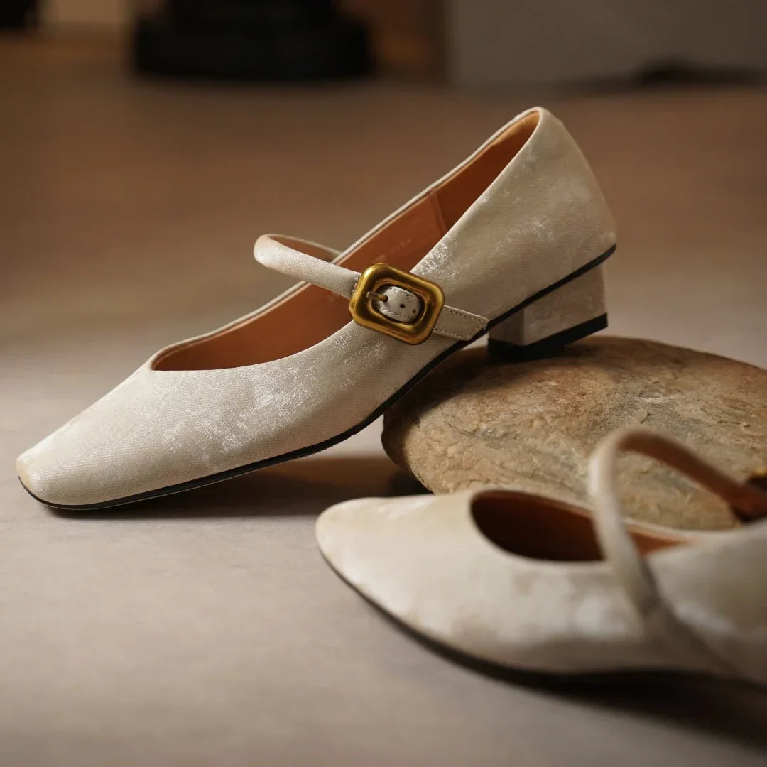 Sylvaine Delcroix | Velvet Mary Jane Block Heels with Gold Buckle
