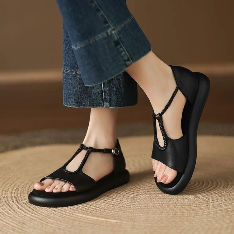 Isabelle Vanthorpe | Black Braided T-Strap Flat Sandals