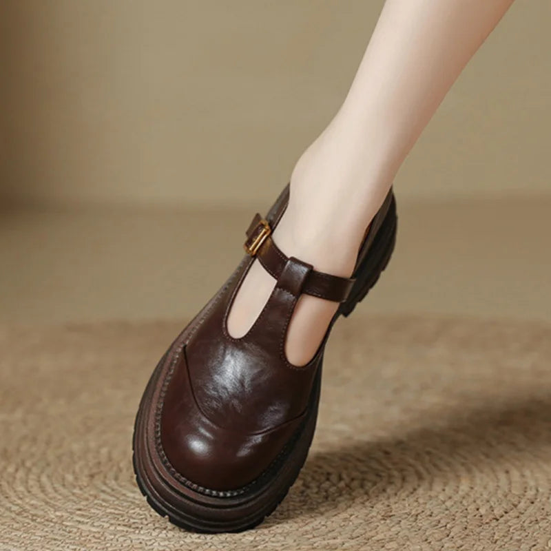 Colette Ravensdale | Brown T-Bar Mary Jane Shoes with Platform Sole