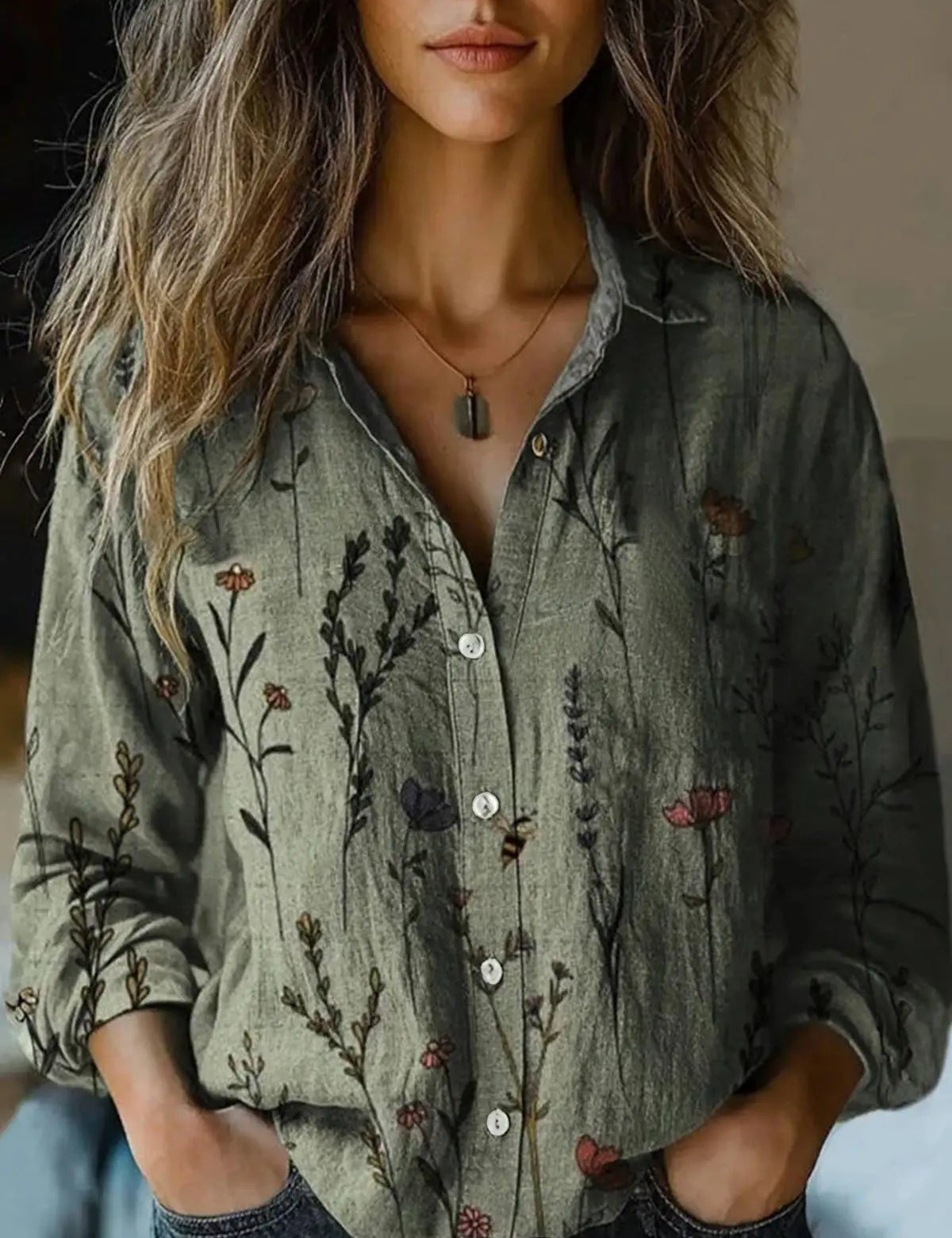 Rosalind Wentworth | Vintage Floral Print Long Sleeve Button-Down Shirt