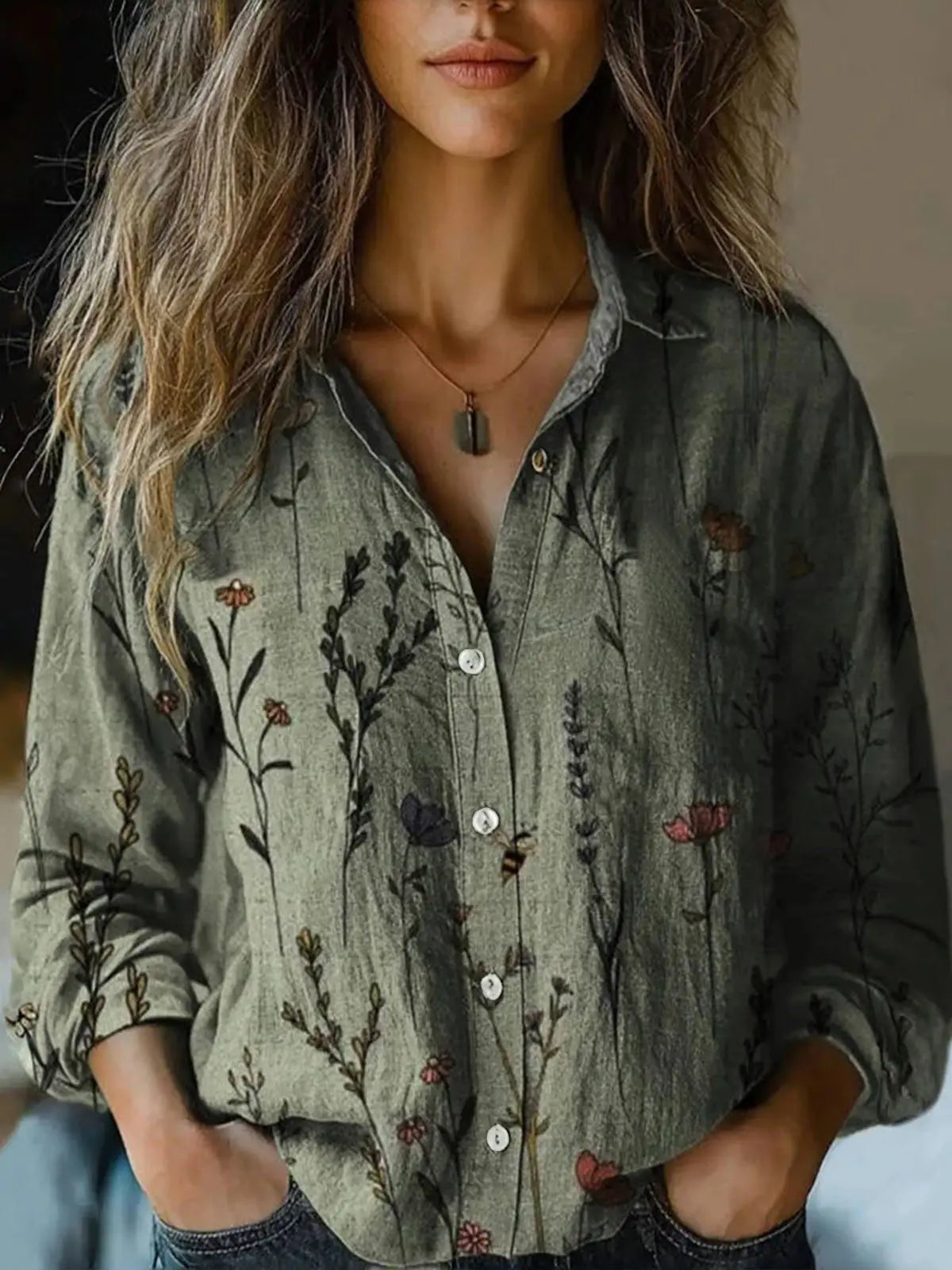 Rosalind Wentworth | Vintage Floral Print Long Sleeve Button-Down Shirt