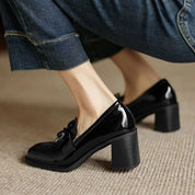 Rosalba Fontaine | Black Patent Tassel Loafer Block Heel Pump