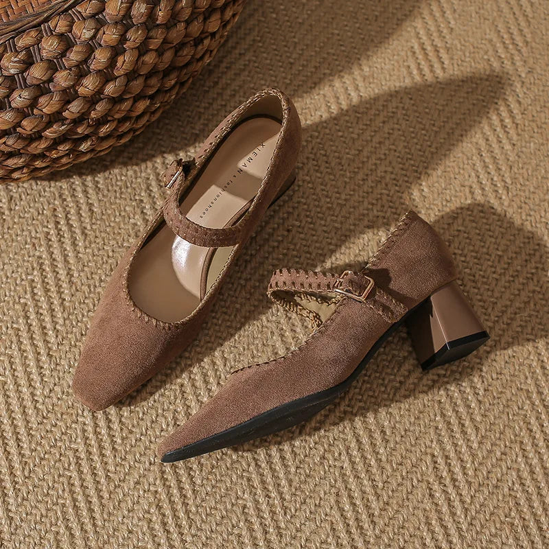 Elaine Beauchêne | Suede Mary Jane Block Heel in Brown