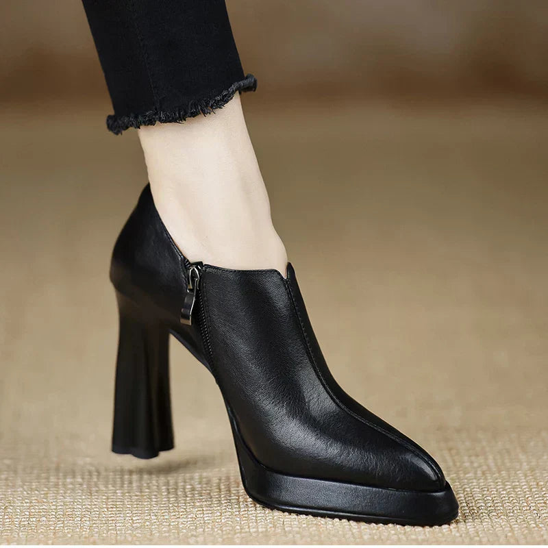 Veronique Stanhope | Women's Platform Block Heel Pump with Side Zipper in Brown