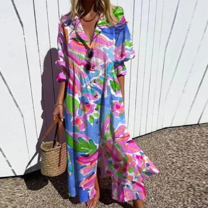 Lucinda Marchetti | Colorful Floral Print Maxi Dress with V-Neck