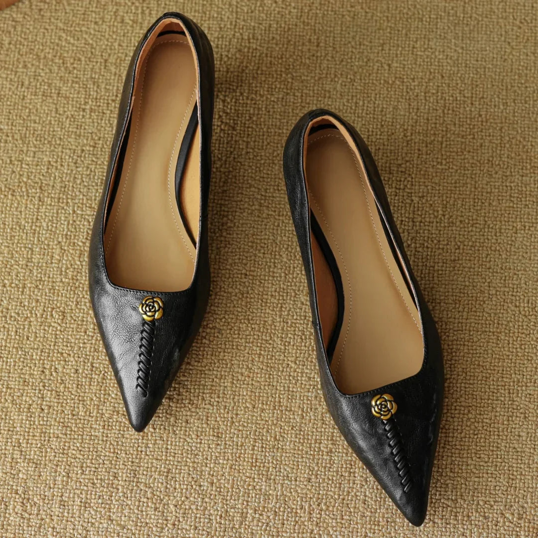 Rosanne Castellfort | Burgundy Leather Pointed-Toe Heels with Gold Rose Detail