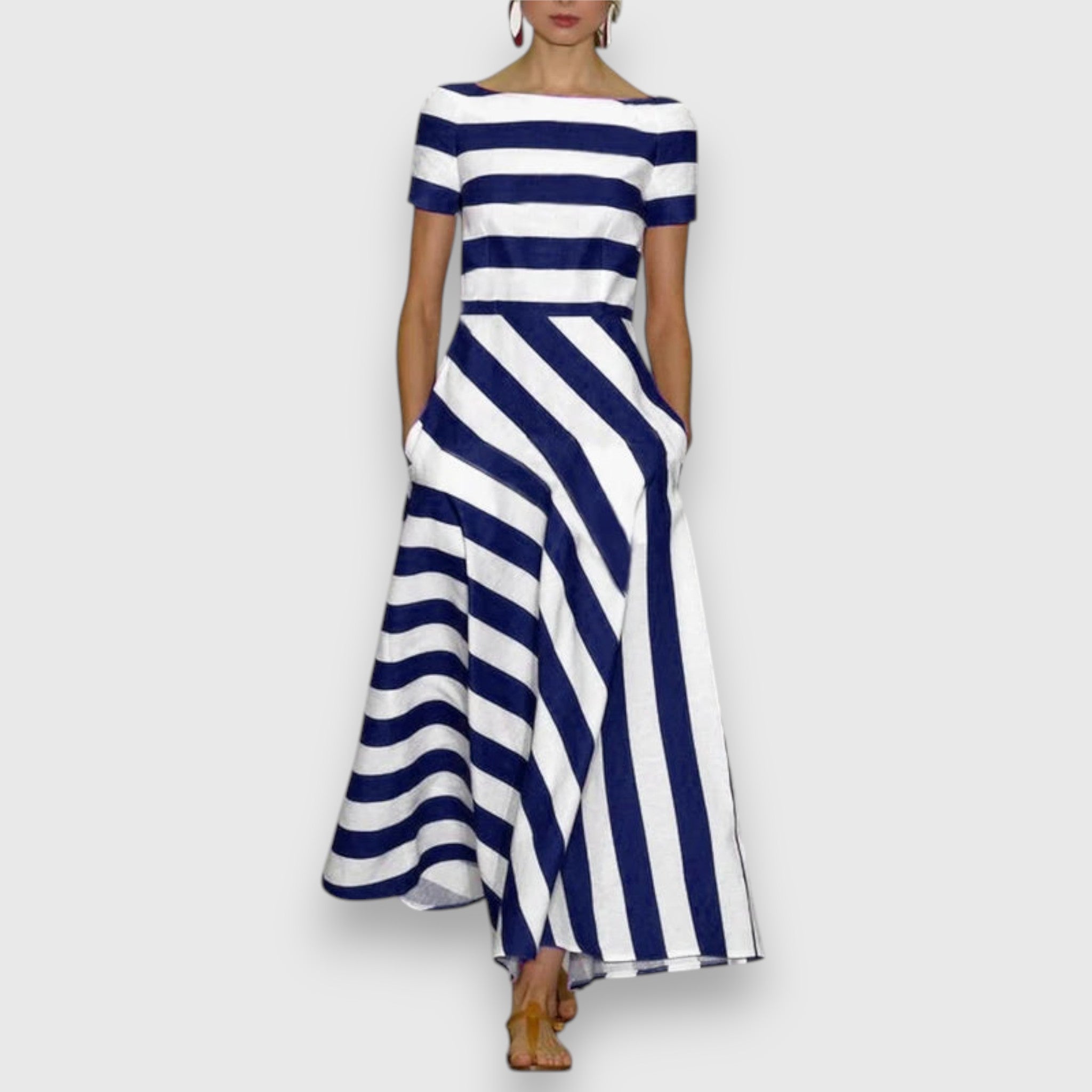 Celestine Ravenclair | Navy Blue & White Striped Maxi Dress