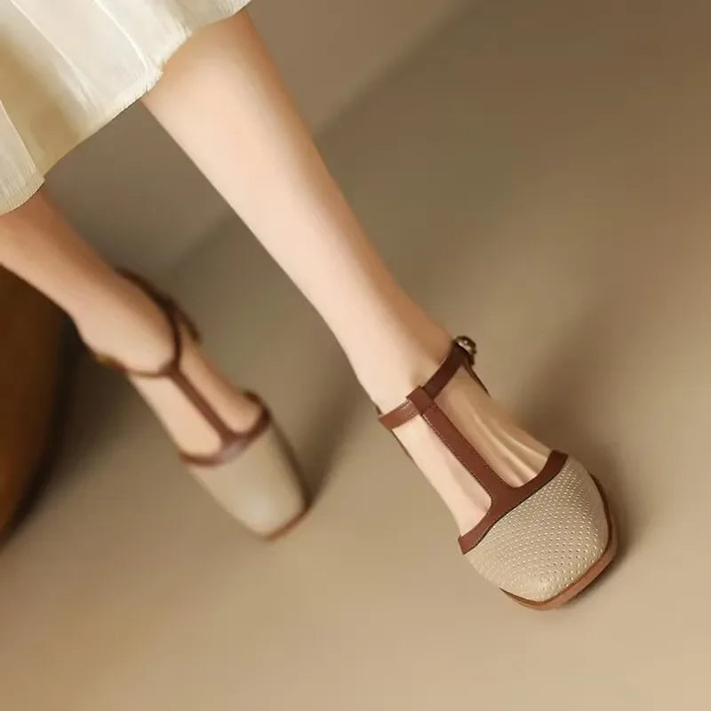 Vivienne Dawnfort | Cream Perforated T-Strap Block Heel Pumps