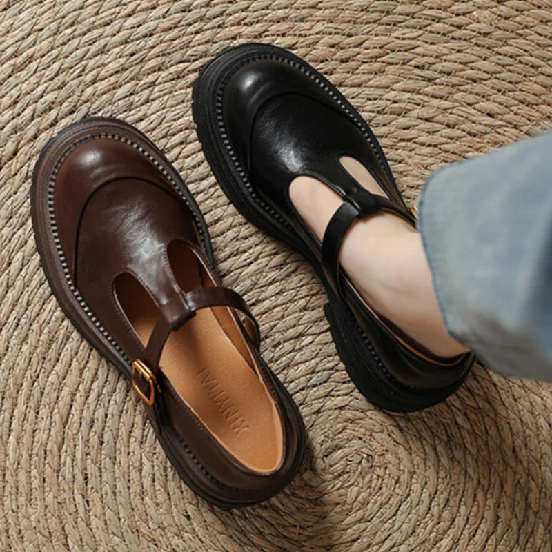 Colette Ravensdale | Brown T-Bar Mary Jane Shoes with Platform Sole