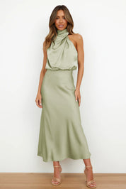 Théodeline Beauvaux | Sage Green Satin Halter Midi Dress