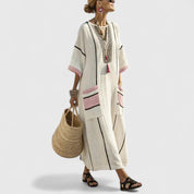 Céleste Fonrouge | Bohemian Cream Linen Maxi Dress with V-Neck
