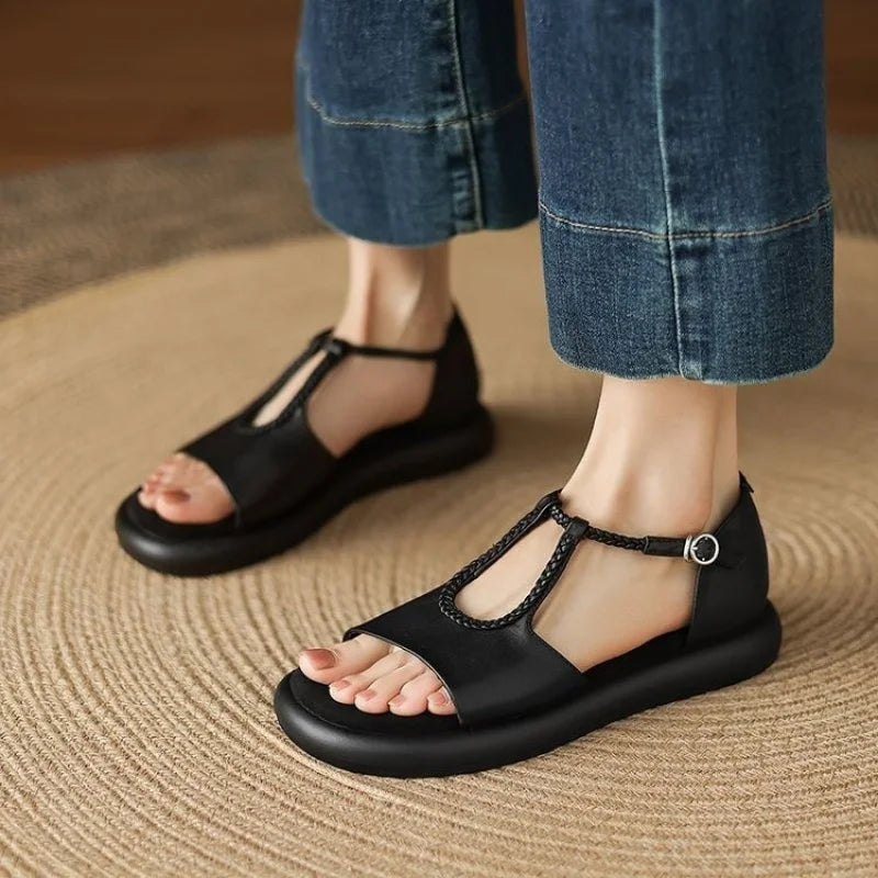 Isabelle Vanthorpe | Black Braided T-Strap Flat Sandals