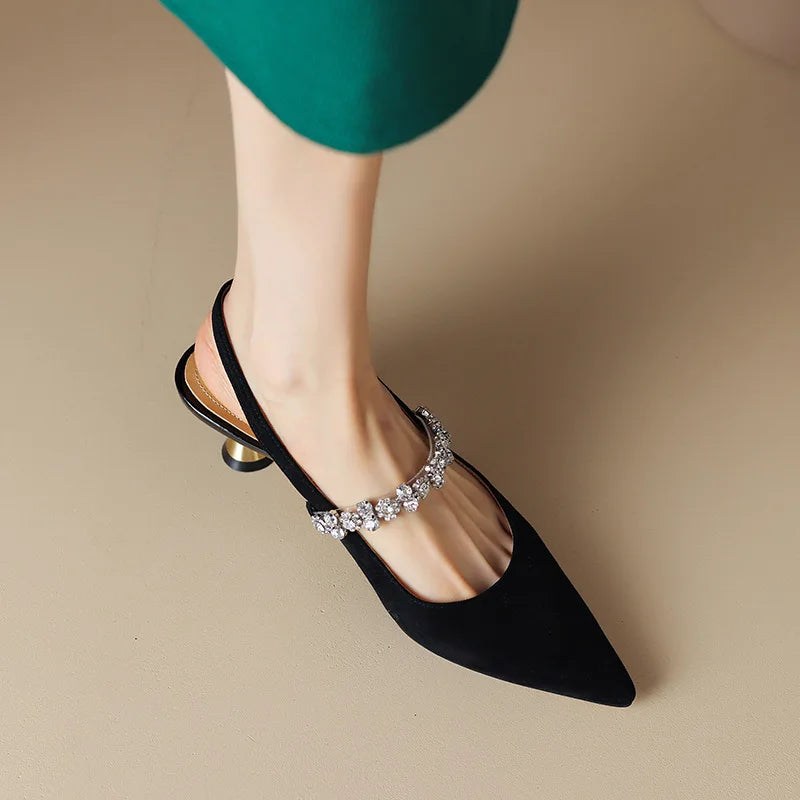 Cosette Wyndham | Silver Crystal Strap Slingback Pointed Toe Heels
