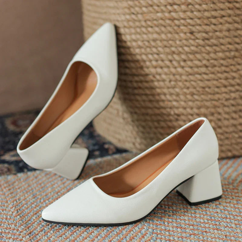 Marguerite Holsworth | White Block Heel Pointed-Toe Pumps