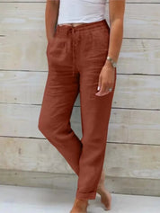 Eloïse Cartmonde | Beige Linen Drawstring Jogger Pants with Elastic Ankle Cuffs
