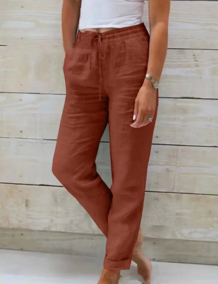 Eloïse Cartmonde | Beige Linen Drawstring Jogger Pants with Elastic Ankle Cuffs