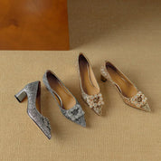 Estelle Ravenswood | Gold Glitter Block Heel Pumps with Crystal Buckle