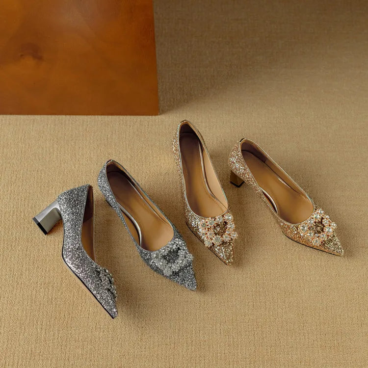 Estelle Ravenswood | Gold Glitter Block Heel Pumps with Crystal Buckle