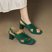 Cécile Duvernois | Suede Cross-Strap Block Heel Sandals in Beige
