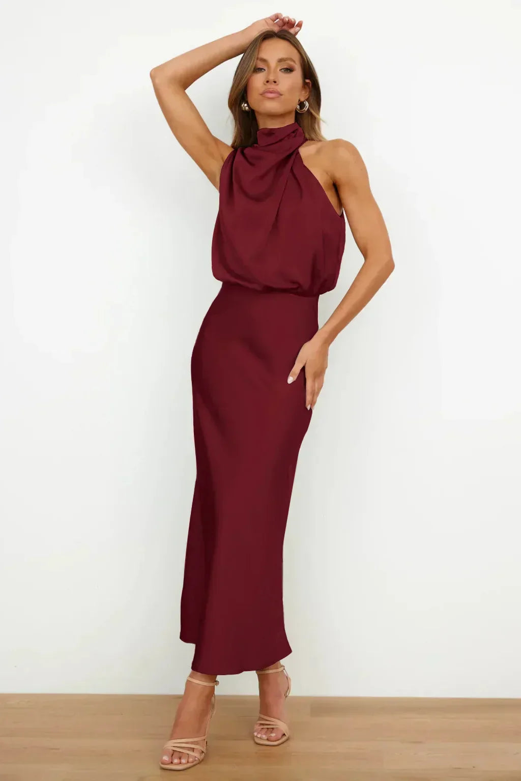 Théodeline Beauvaux | Sage Green Satin Halter Midi Dress