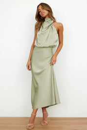 Théodeline Beauvaux | Sage Green Satin Halter Midi Dress