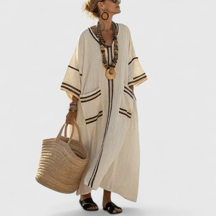 Céleste Fonrouge | Bohemian Cream Linen Maxi Dress with V-Neck