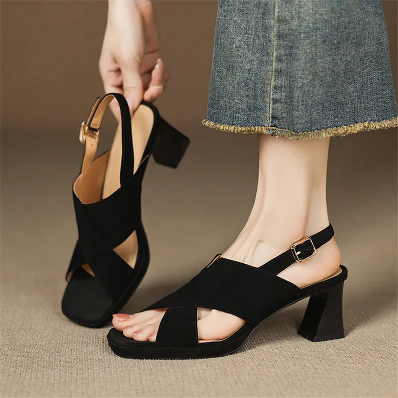 Cécile Duvernois | Suede Cross-Strap Block Heel Sandals in Beige