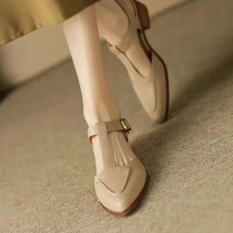 Camille Beauverne | T-Strap Buckle Flat in Tan Leather