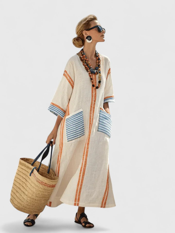 Célimène Ravensford | White Striped V-Neck Maxi Dress