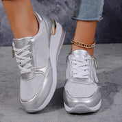 Marguerite Solvaine | Silver Metallic Platform Sneakers with Side Zipper