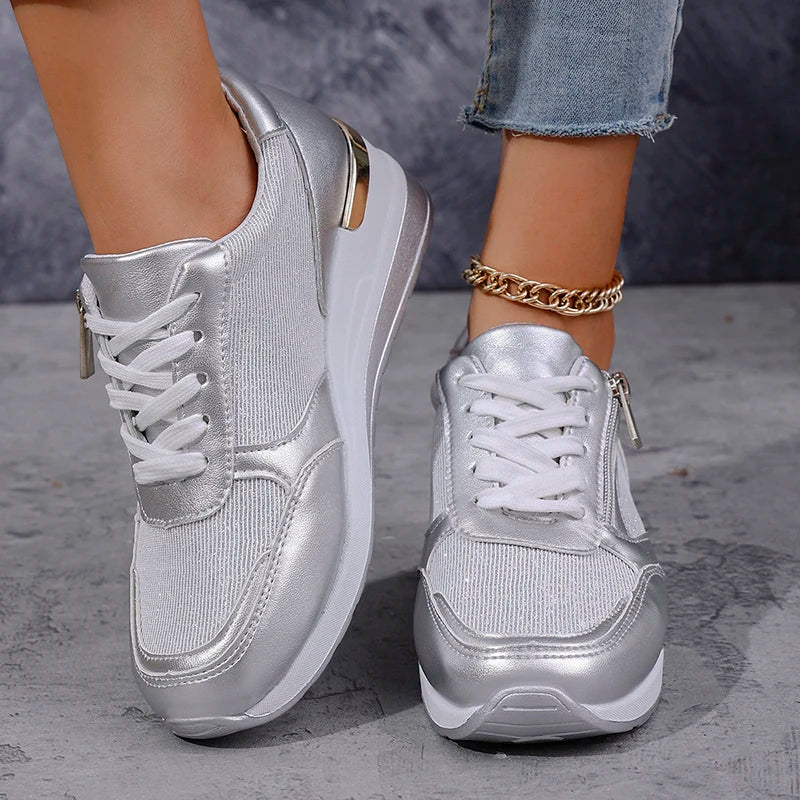 Marguerite Solvaine | Silver Metallic Platform Sneakers with Side Zipper
