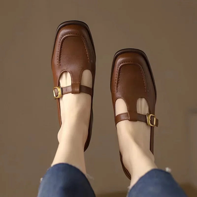 Céleste Fontarrive | Women's T-Strap Mary Jane Flats Square Toe Low Block Heel