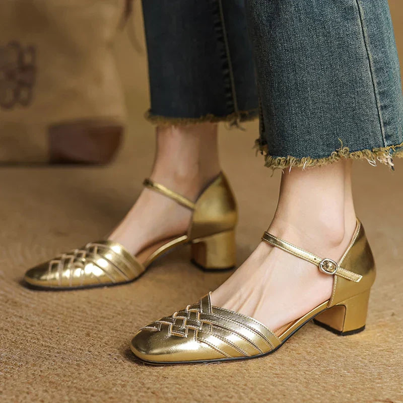 Clothilde Ravenspark | Woven Genuine Leather Block Heel Pumps