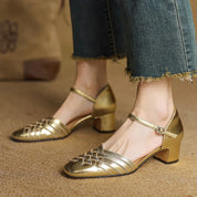 Clothilde Ravenspark | Woven Genuine Leather Block Heel Pumps