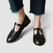 Sylvie Beauchamp | Black T-Strap Orthopedic Low Heel Flat