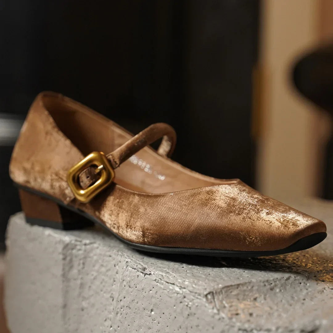 Sylvaine Delcroix | Velvet Mary Jane Block Heels with Gold Buckle