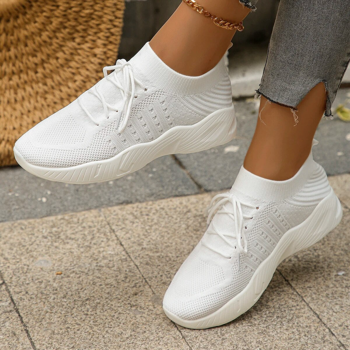 Marlowe Sinclair | Beige Knit Lace-Up Sneakers for Women
