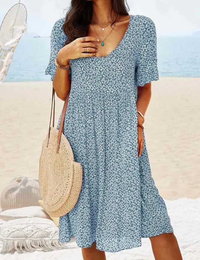 Coralie Vanbright | Blue Ditsy Floral Flutter Sleeve Smock Midi Dress