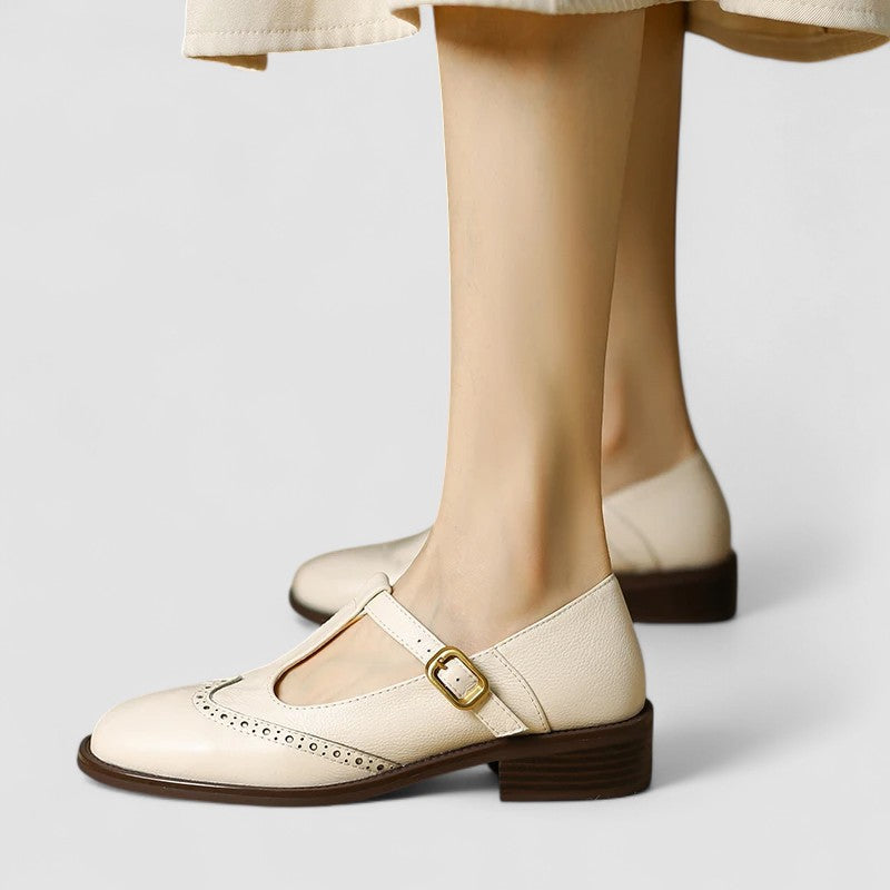 Aurelie Sinclair | Cream Leather T-Strap Brogue Mary Jane Flats
