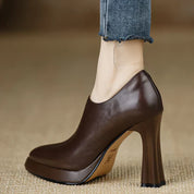 Veronique Stanhope | Women's Platform Block Heel Pump with Side Zipper in Brown