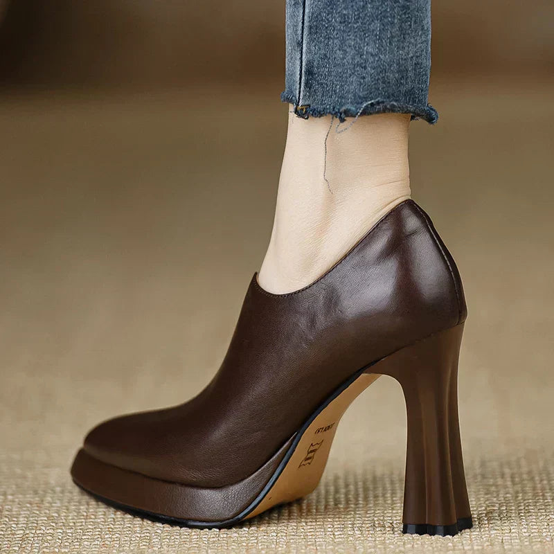 Veronique Stanhope | Women's Platform Block Heel Pump with Side Zipper in Brown