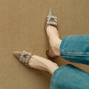 Estelle Ravenswood | Gold Glitter Block Heel Pumps with Crystal Buckle