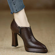 Veronique Stanhope | Women's Platform Block Heel Pump with Side Zipper in Brown