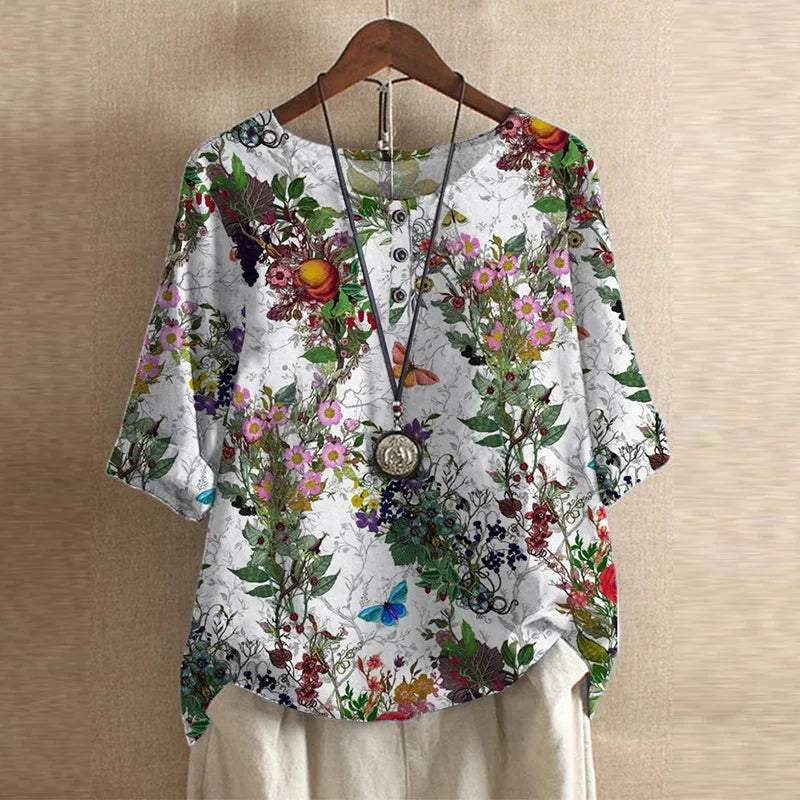 Aurelie Ravenfort | Retro Floral Print Blouse with 3/4 Sleeve