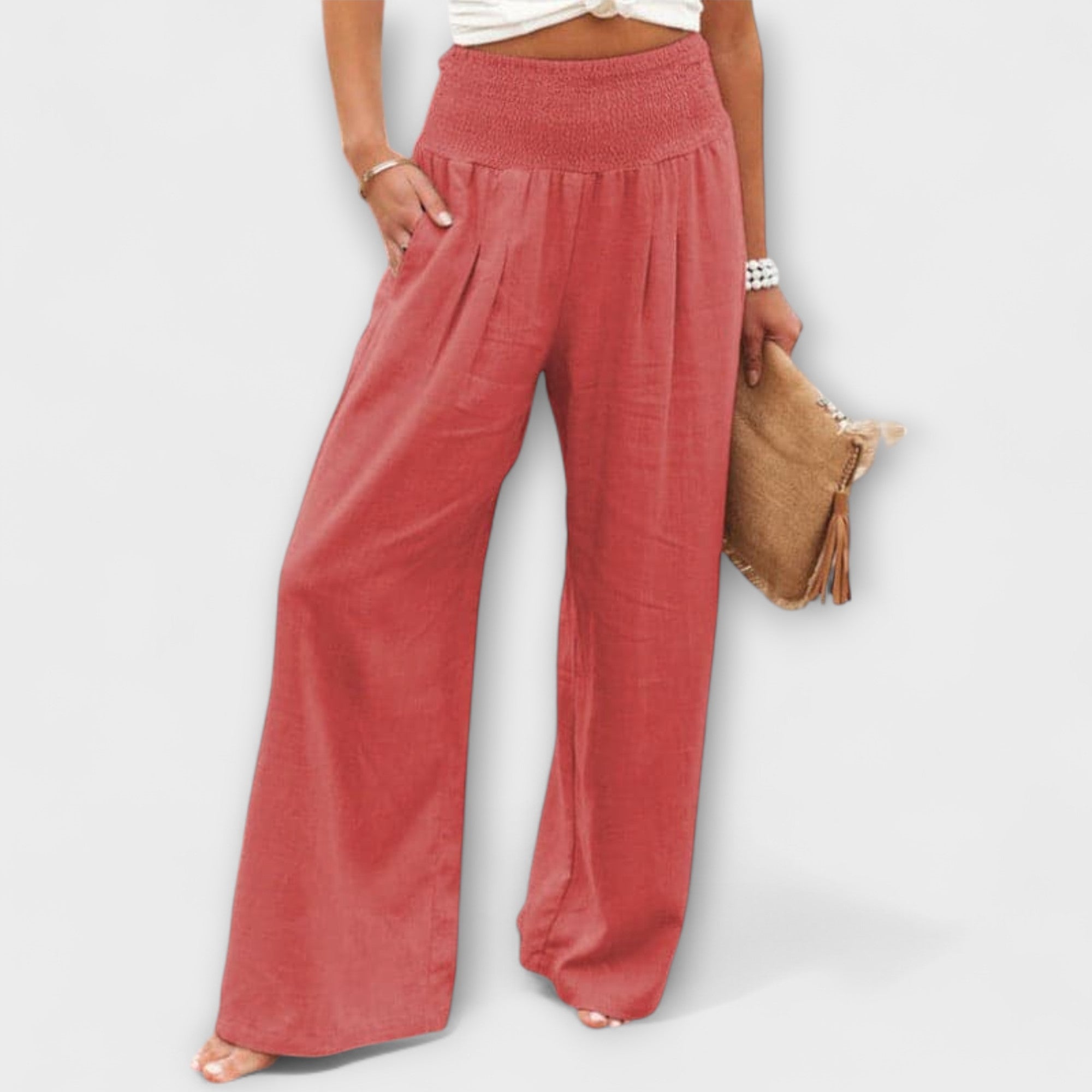 Roseline Beaupré | Coral Wide-Leg Linen Trousers with Smocked Waist