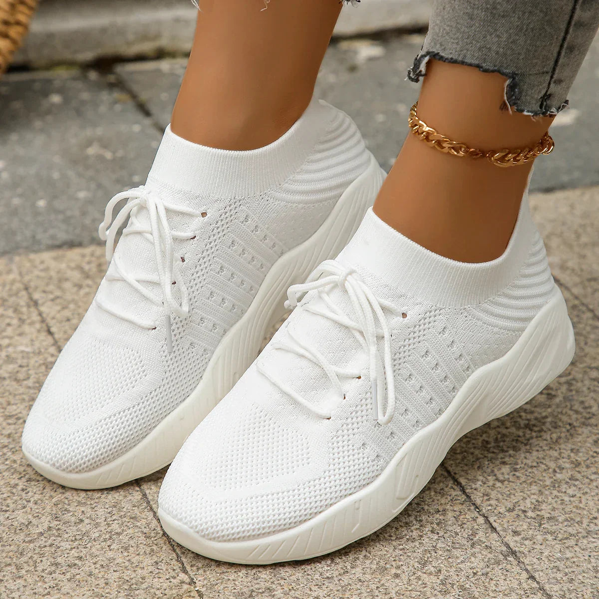 Marlowe Sinclair | Beige Knit Lace-Up Sneakers for Women
